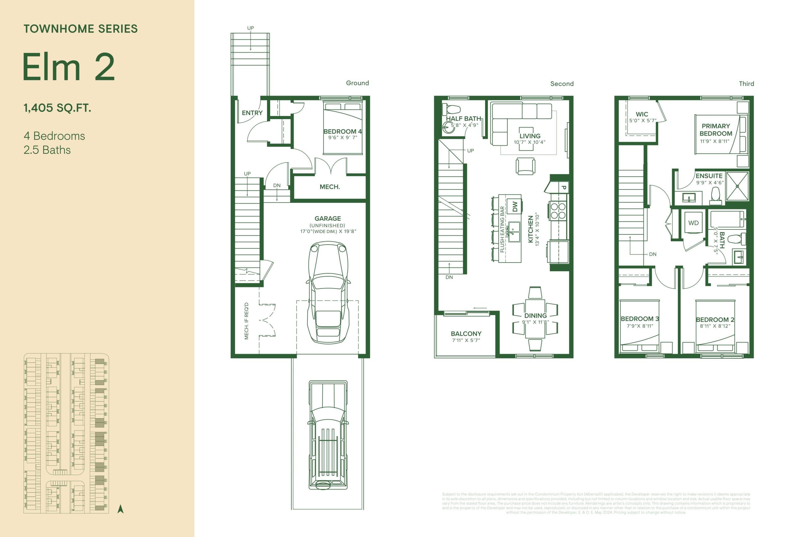 Elm 2 Floor Plan at The Grove Townhomes at Wildflower Phase 2 - 1405 sq.ft
